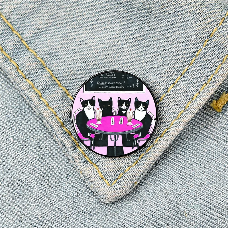 

Cats Double Date At The Ice Cream Shop Pin Custom Funny Brooches Shirt Lapel Bag Cute Badge enamel pins for Lover Girl Friends