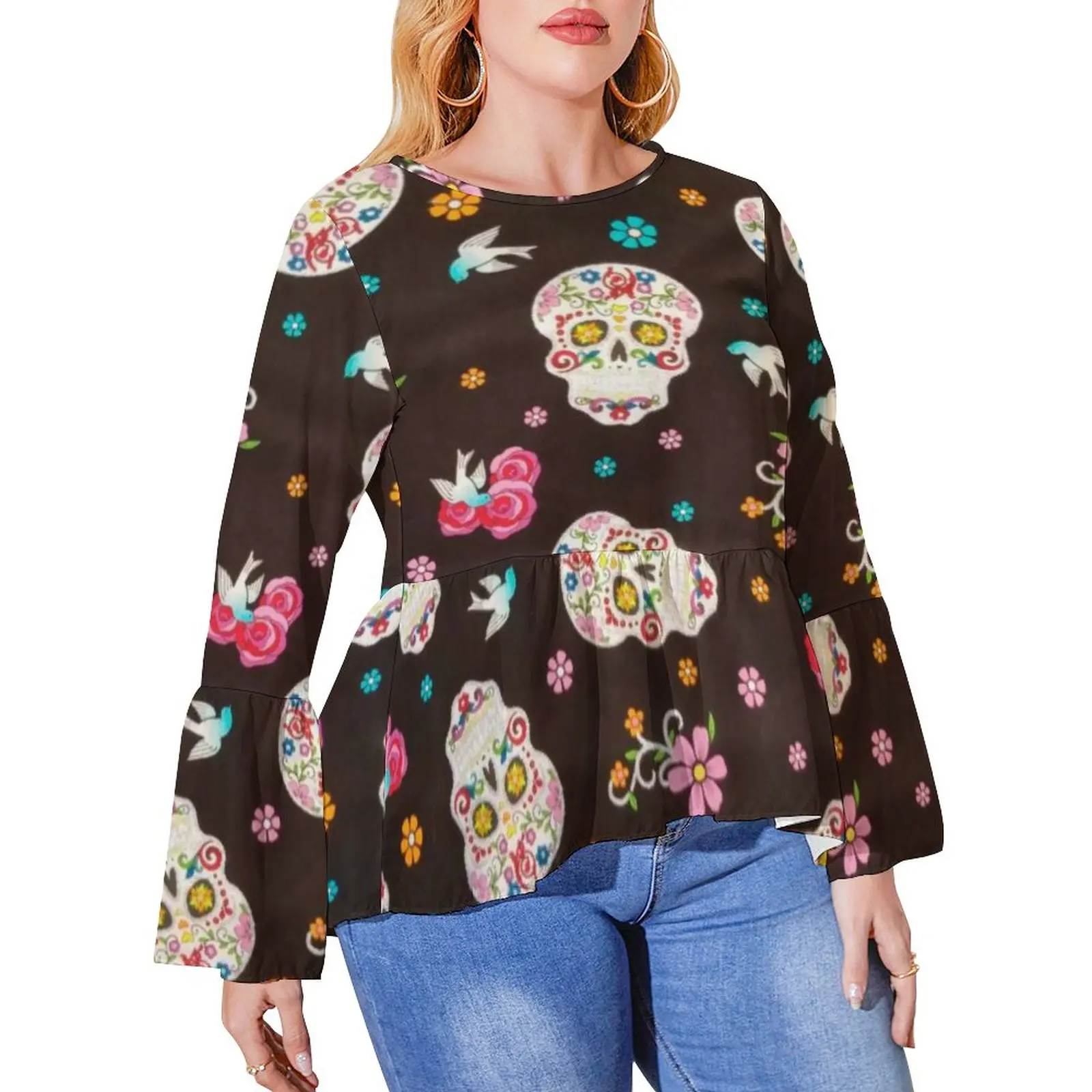 

Floral Skull Print T-Shirt Abstract Skulls Art Pretty Ruffled T-Shirts Womens Street Fashion Tee Shirt Plus Size Print Top Tees