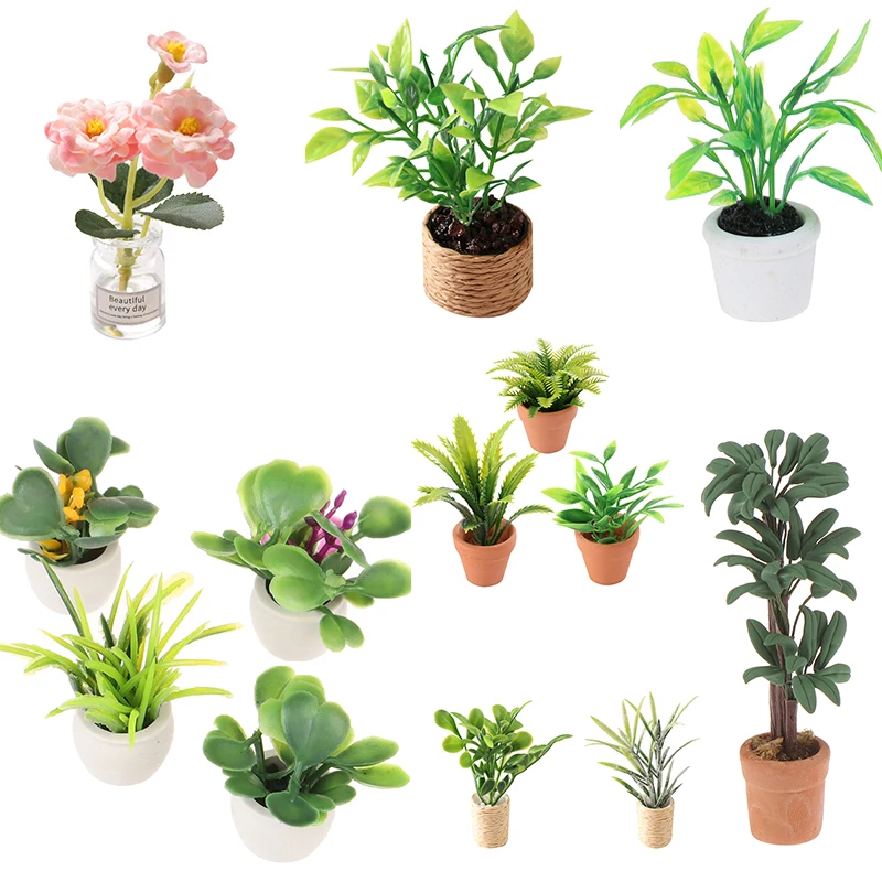 

1:12 Миниатюрный Кукольный домик, мини-дерево в горшке для кукольного домика с зелеными растениями, мебель, домашний декор, имитация горшечны...