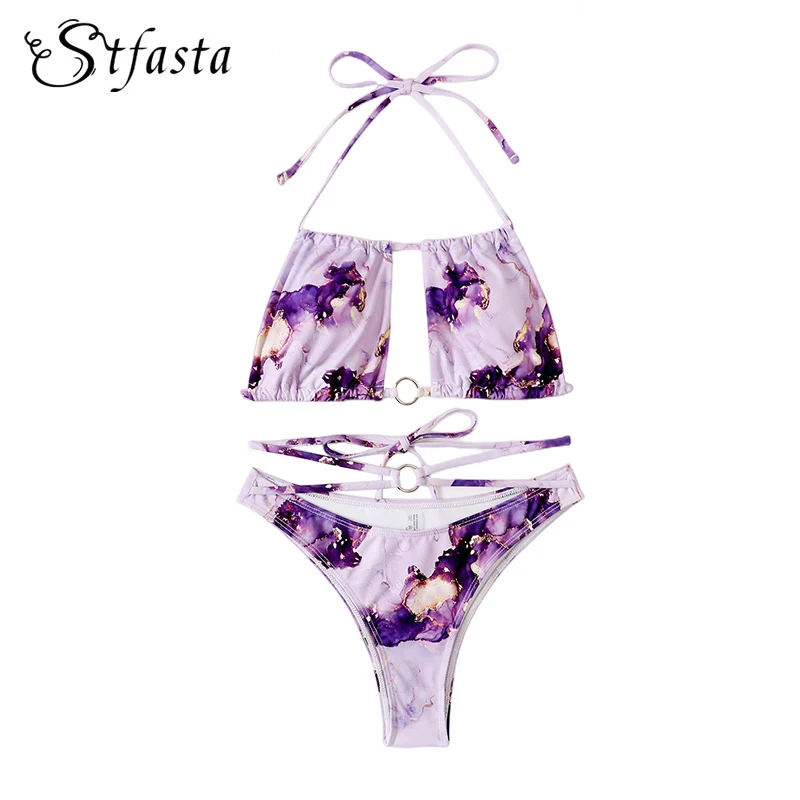 

STFASTA Tie-dyed Backless Bikini 2022 New Swimsuit Women Halter Sleeveless Drawstring Swimwear Fashion Summer Swimming Suit