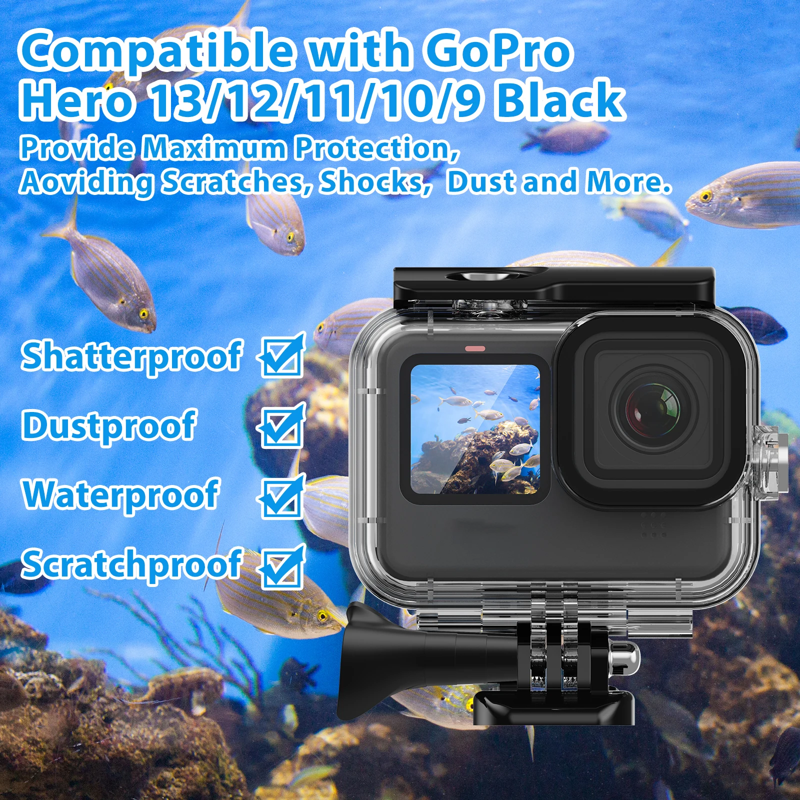 Водонепроницаемый чехол для GoPro Hero 13 12 11 10 9 черный 60 м защитный корпус дайвинга