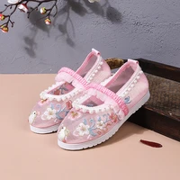 ethnic style childrens cloth shoes elastic ancient costume kids fashion embroidered girls hanfu pearl breathable mesh flats new