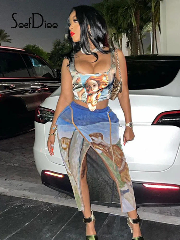 

Корсет с принтом Soefdioo, топы и прозрачная сетчатая длинная юбка с высоким разрезом, комплекты из двух предметов, осень 2022