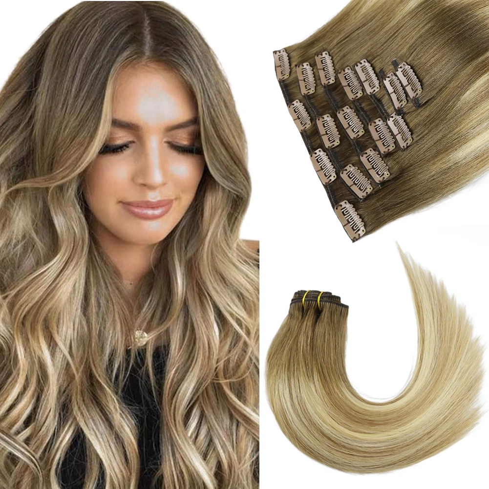 ysg HAIR Clip-in Human Hair Extensions, 7pcs Brown to Bleach Blonde Ombre Hair Extensions Remy Real Straight Clip In Hair Weft