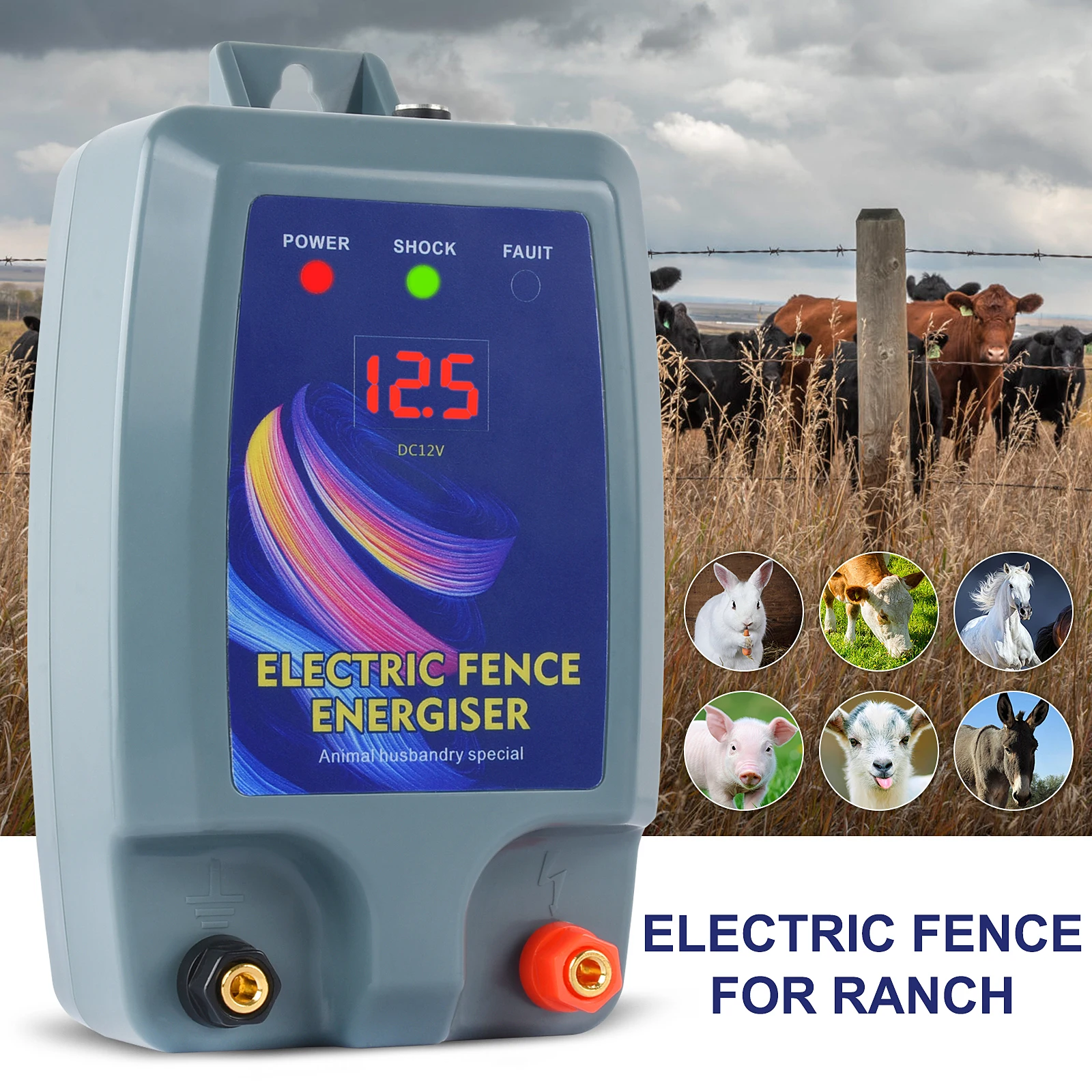 

Электрическая ограда для животных, 15 км, зарядное устройство с ЖК-дисплеем, высоковольтный импульсный контроллер, инструмент для ограждени...
