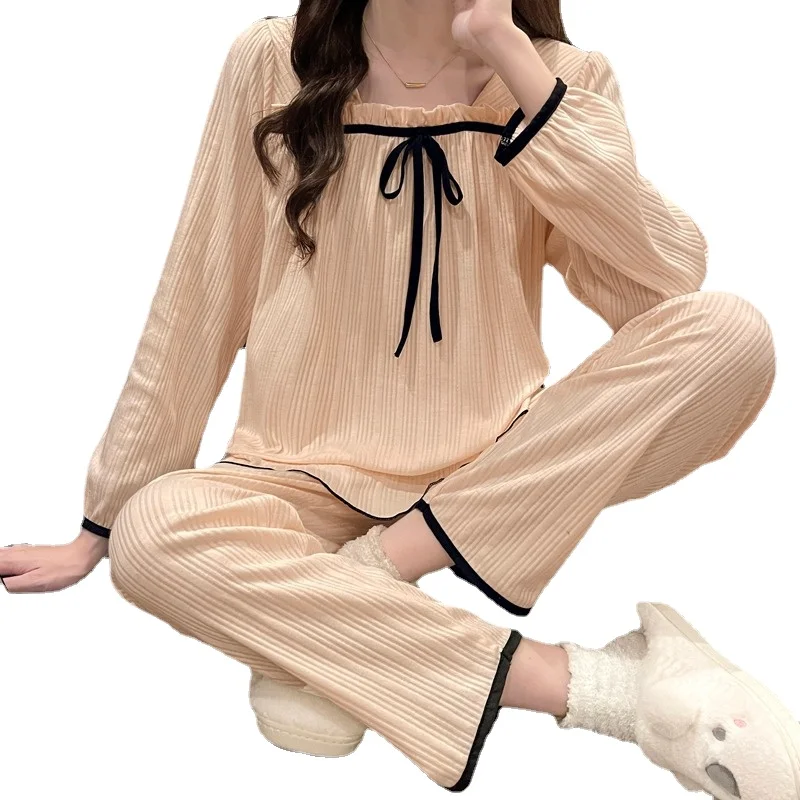2022 Spring Autumn New Sweet Court Fengmu Ear Square Neck Pajamas Women's Lovely Bow Long Sleeve Home Clothes Female Sleepwear