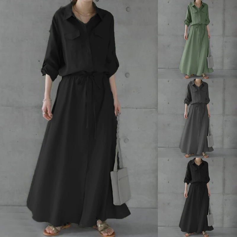 

Women Casual Fashion Solid Color Button V-Neck Shirt Dresses Summer Clothes Casual Loose Mid-Long Sleeved Dresses Women