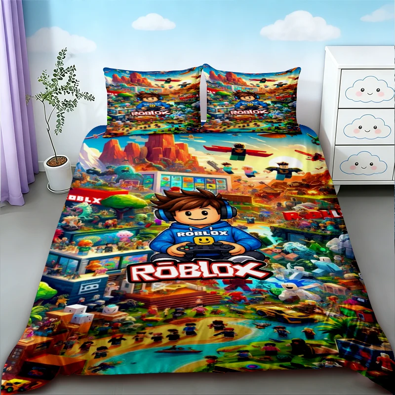 Фото Комплект постельного белья Roblox из 3 предметов: пододеяльник и наволочки, мультяшный дизайн для подростков, размеры Queen и King, для декора спальни, подарки для дома №5