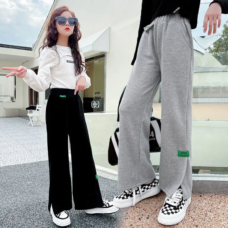 

Свободные штаны для девочек, однотонные штаны с карманами для девочек, весна-осень, детские брюки, Повседневная стильная одежда для девочек ...