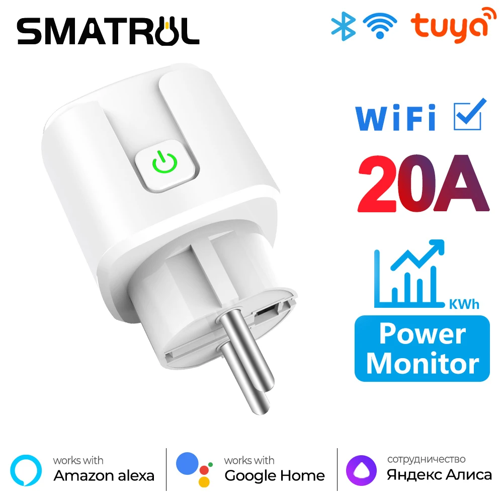 SMATRUL 20A Tuya WiFi الاتحاد الأوروبي التوصيل الذكي المخرج 220 فولت مراقبة الطاقة اللاسلكية المقبس التحكم عن بعد الموقت لجوجل المنزل اليكسا
