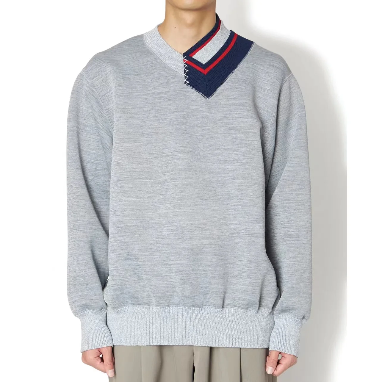 

22AW Japanese Bicolor Cotton Irregular Splicing Thread Round Neck Long Sleeve Men's and Women's Hoodies Gray Navy Pullover