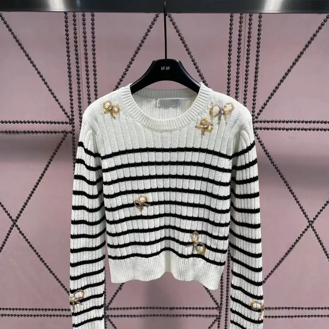

Black White Stripe Cashmere Pullover Diamond Sequin Bow Tie Knitted Women Sweater Wool Jumper Slim Cropped Knitwear Runway H323