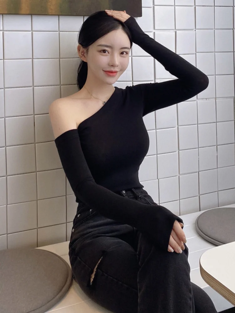 

Fashion Bottoming Top 2022 Trend New Solid Color Slimming Sexy T-shirt Female Skew Collar Long-sleeved Y763