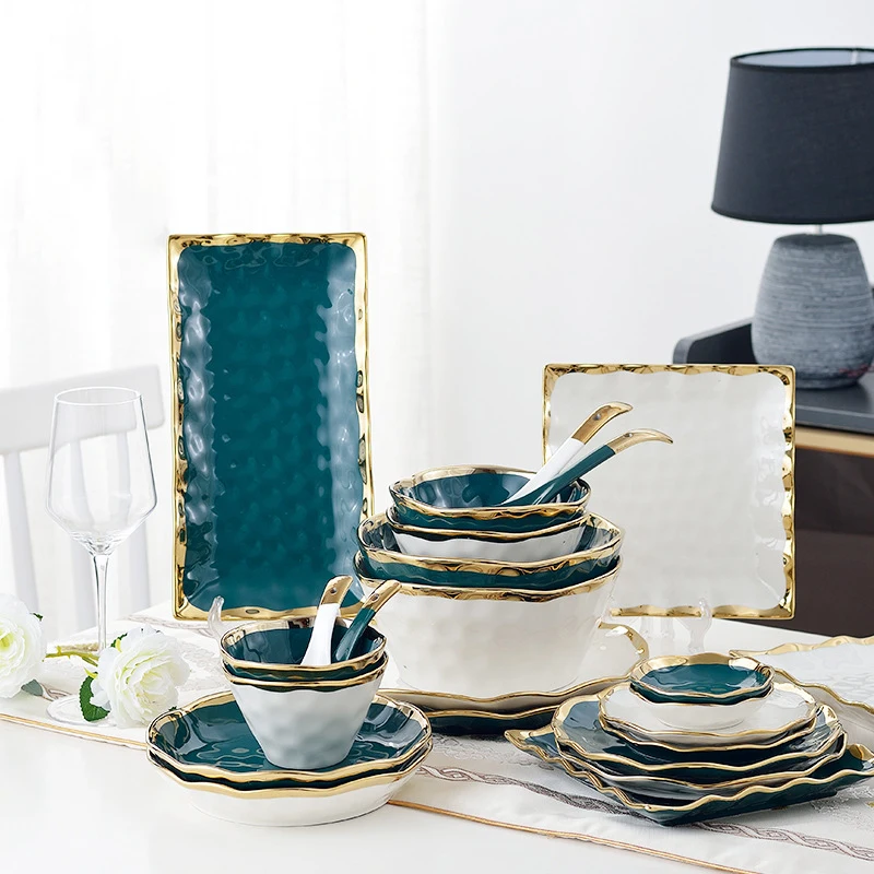 

2021 New Creative Green White Ceramic Dinner Plates Bowls Dishes Golden Rim Retro Tableware Dinnerware Set luxurious porcelain P