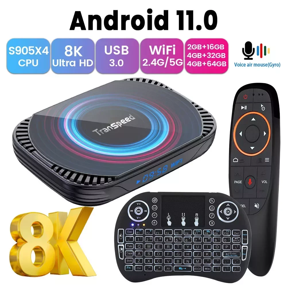 

ТВ-приставка Transpeed X4, Android 11, Amlogic S905X4 3D BT4.0, 4 + 32/64/128 ГБ, Wi-Fi