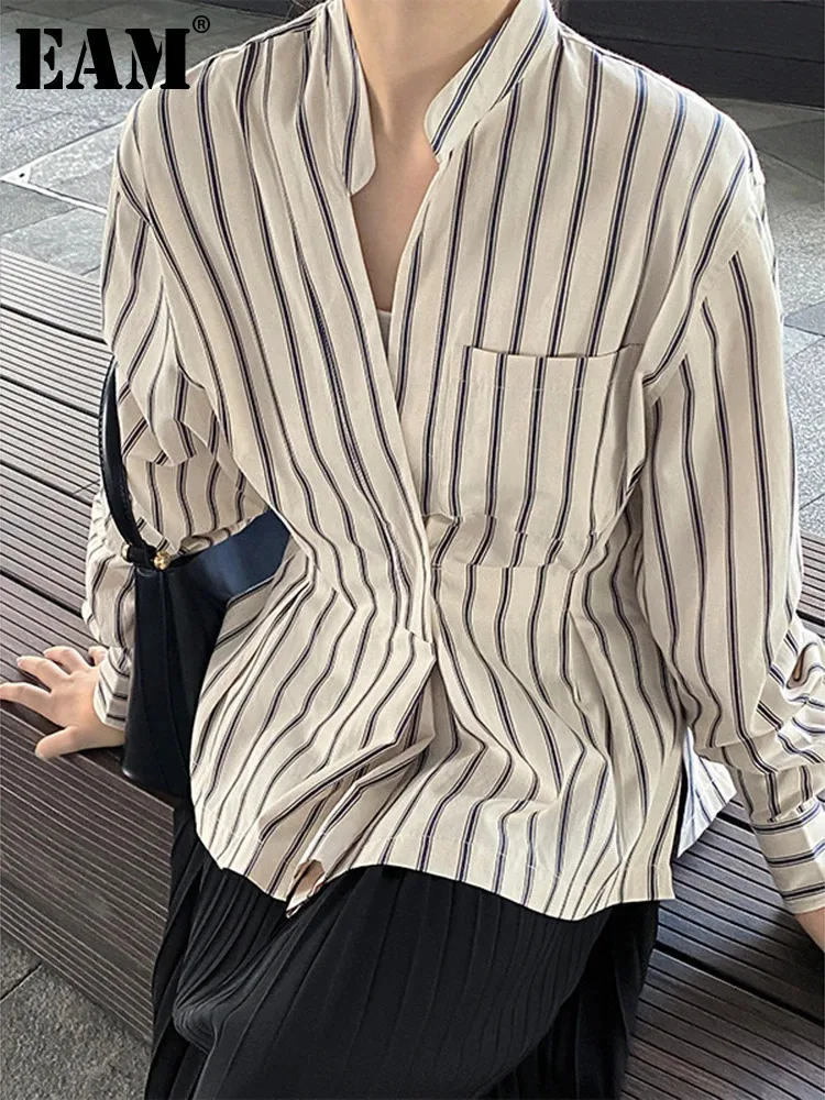 [EAM] Женская полосатая элегантная блузка с карманами нестандартной формы новая