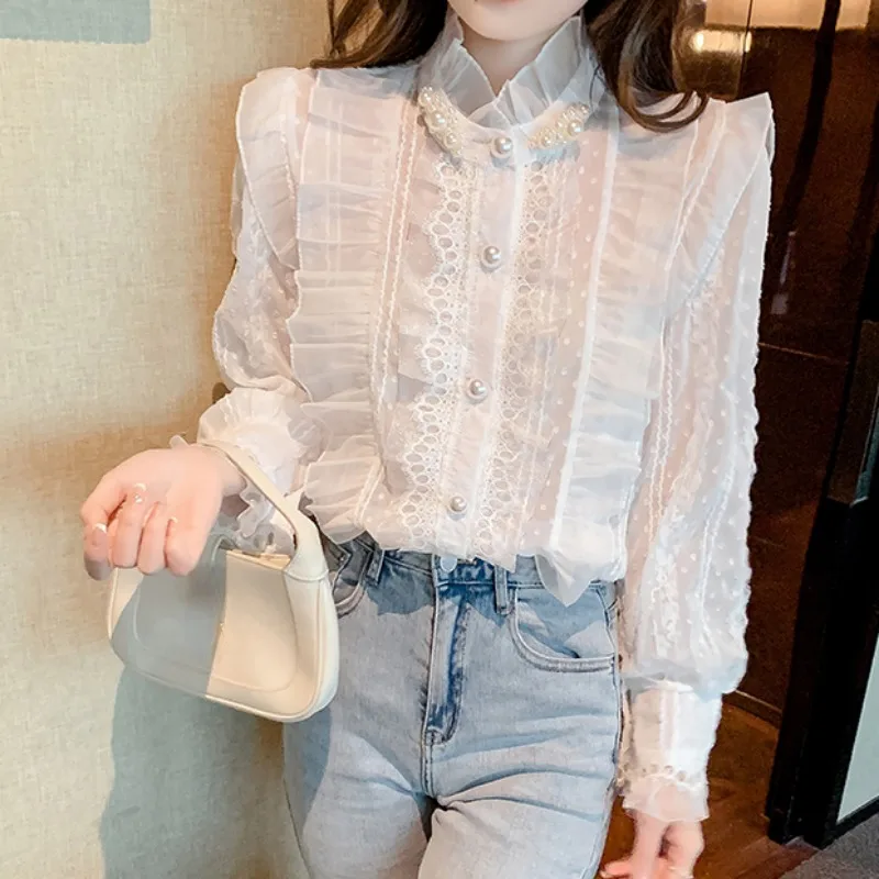 Кружевные женские рубашки и блузки Matakawa однотонные элегантные во французском