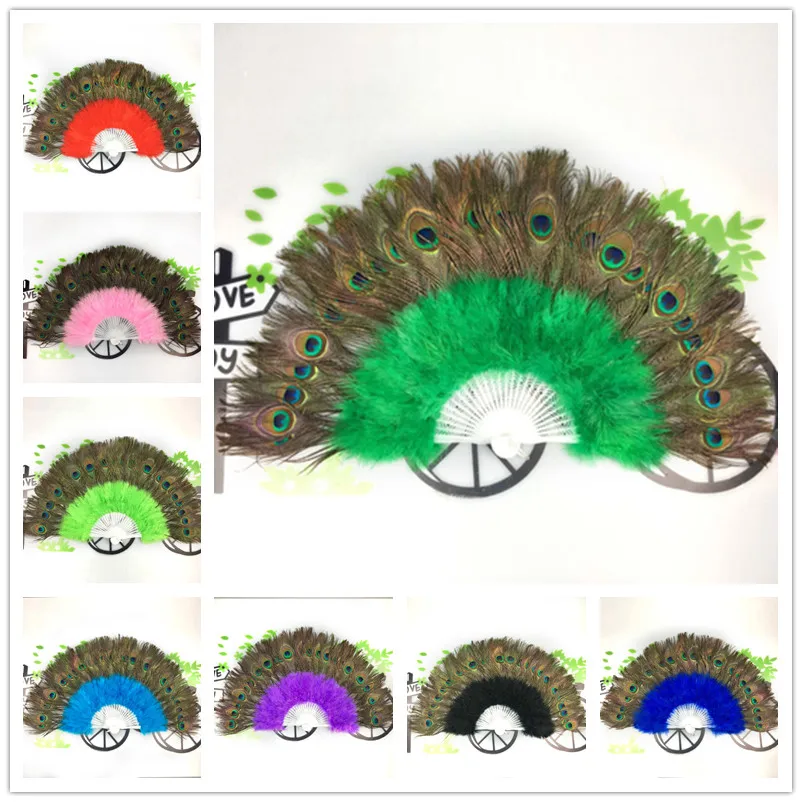 

2018 10 Colors High Quality Stage Performance Props Beautiful Turkey Feather Folding Hand Fans Folk Dance Peacock Feathers Fans