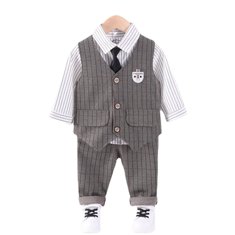 

New Spring Autumn Baby Clothes Suit Children Boys Casual Plaid Vest Shirt Pants 3Pcs/Sets Toddler Cotton Costume Kids Tracksuits