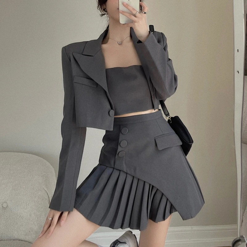 

Женский пиджак Y2k 2022 с длинным рукавом, Студенческая плиссированная юбка, костюм из 3 предметов, Женский серебристо-серый Блейзер, Женский оф...