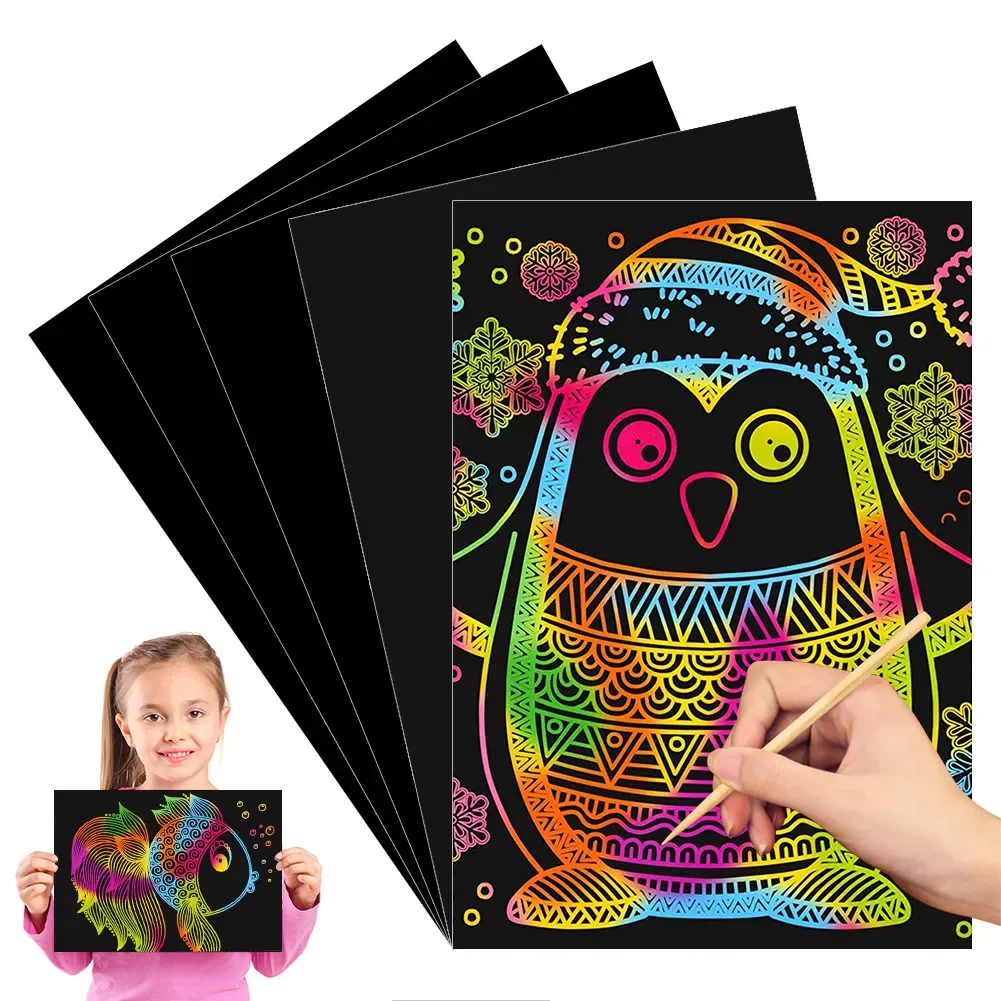 

5Pcs 25.8x18cm Scratch Art Rainbow Scratch Paper Arts And Crafts For Kids Black Magic Scratch Art Notes Paper Boards