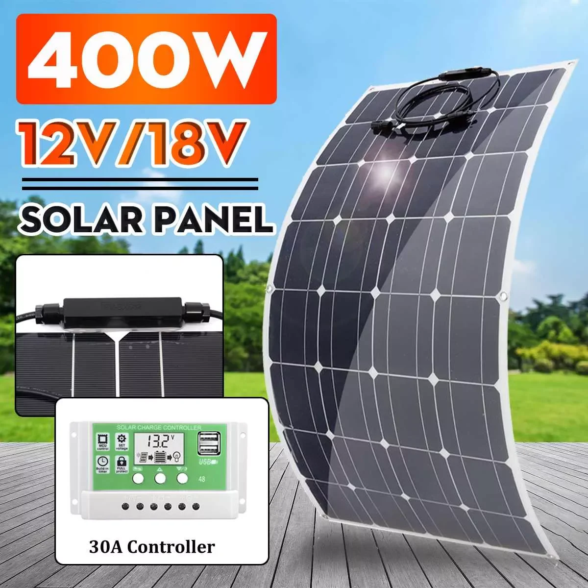 

2023NEW 400W Solar Panel 12V Waterproof Monocrystalin Solar Cells for Car Yacht RV Battery Charger Power System With 10-30A Cont