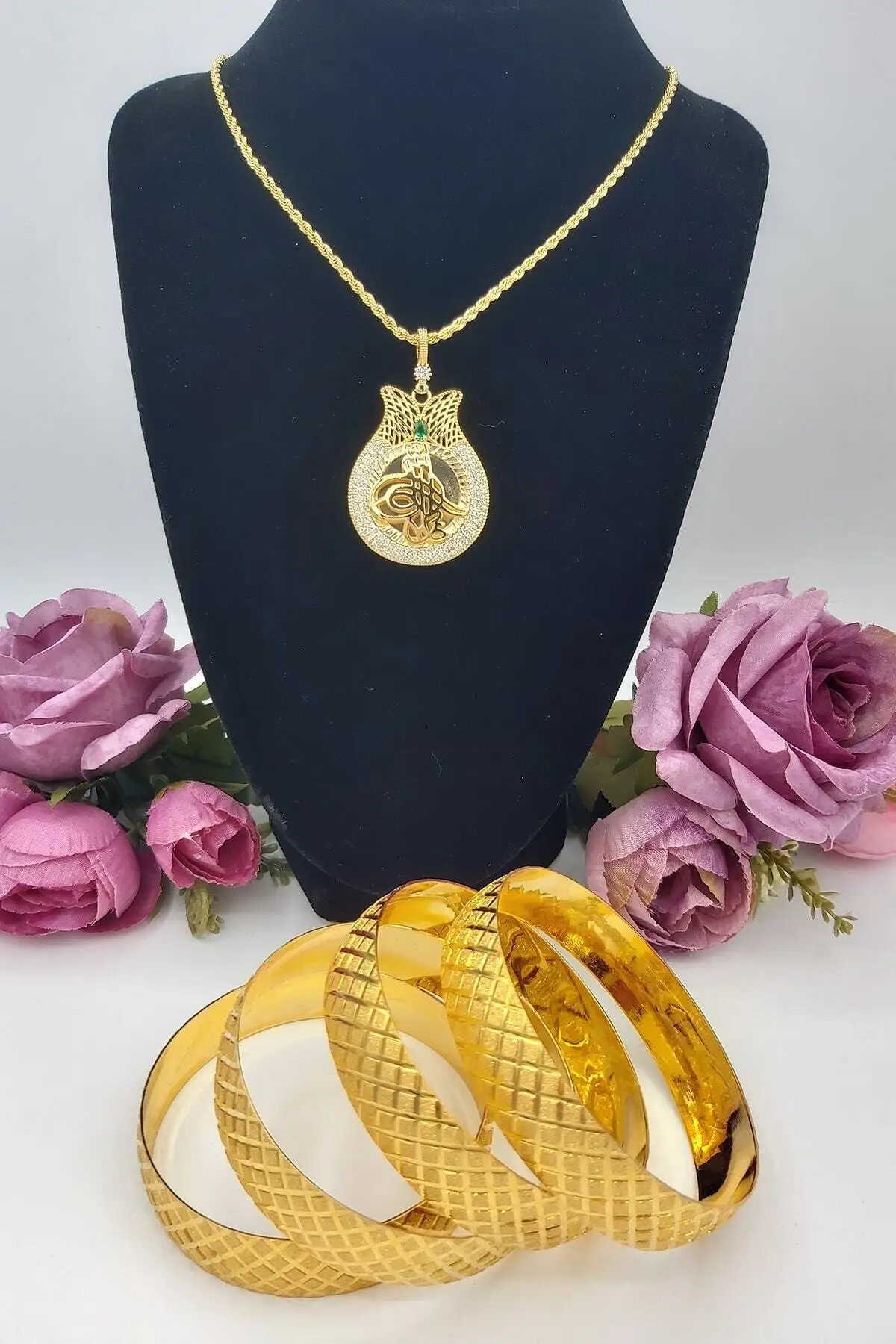 

Женское модное Ювелирное Украшение, позолоченный браслет 4 шт. 1,5 см и ожерелье тюльпан Tujraki из циркония и камня