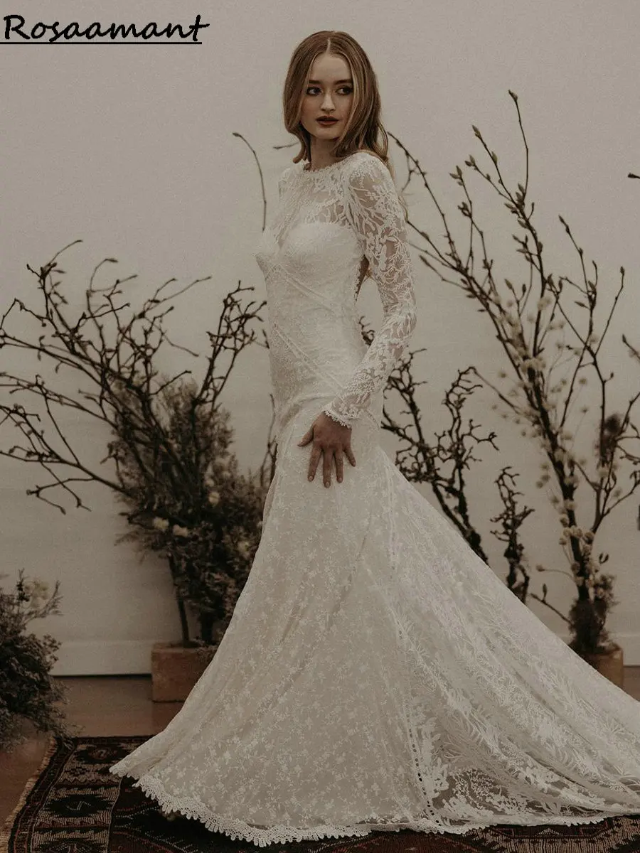 

Bohemian Long Sleeve Open Back Mermaid Wedding Dresses Appliques Lace Country Boho Bridal Gowns