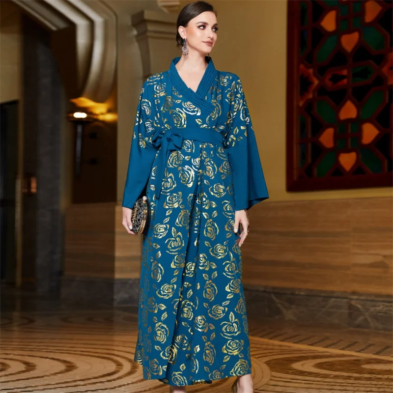 Baju Muslim For Woman 2023 Vintage Print Casual Loose  Kimono Abaya Dolman Sleeve Belted Religious Robes Ramadan Wear