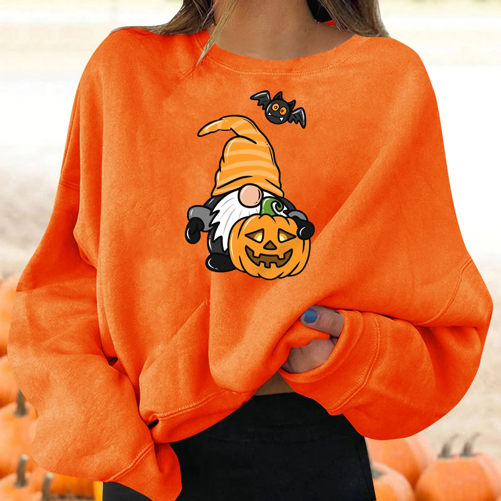 

Women's Halloween Pullovers Fun Graphic Print Round Neck Long Sleeve Ladies Hoodies Pullover Sweatshirt Tunic Hoodie