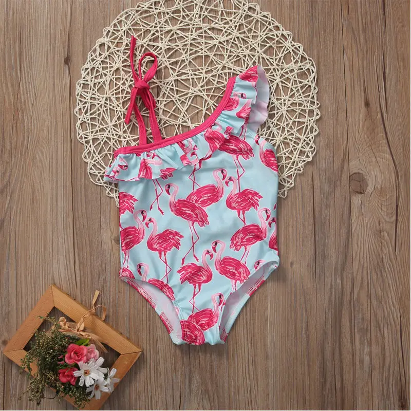 

Baby Girl Flamingo Print Swimsuit One Shoulder Ruffled Swimwear 1-6Y Toddler Kids Children Summer Casual Bathing Suit Beachwear
