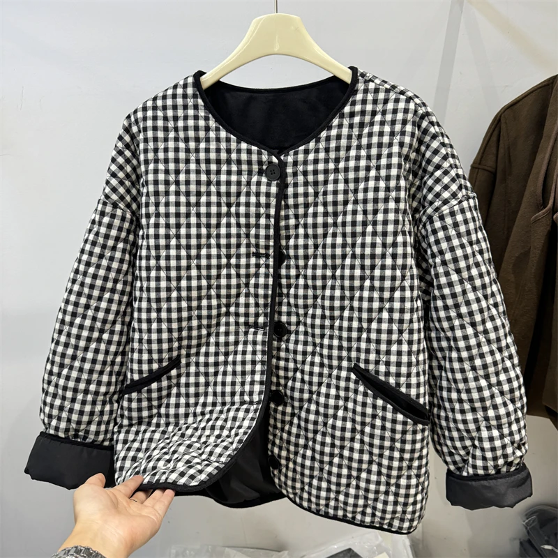 Зеленый клетчатый пуховик Four Seasons с круглым вырезом женская осень и зима 2024 новая