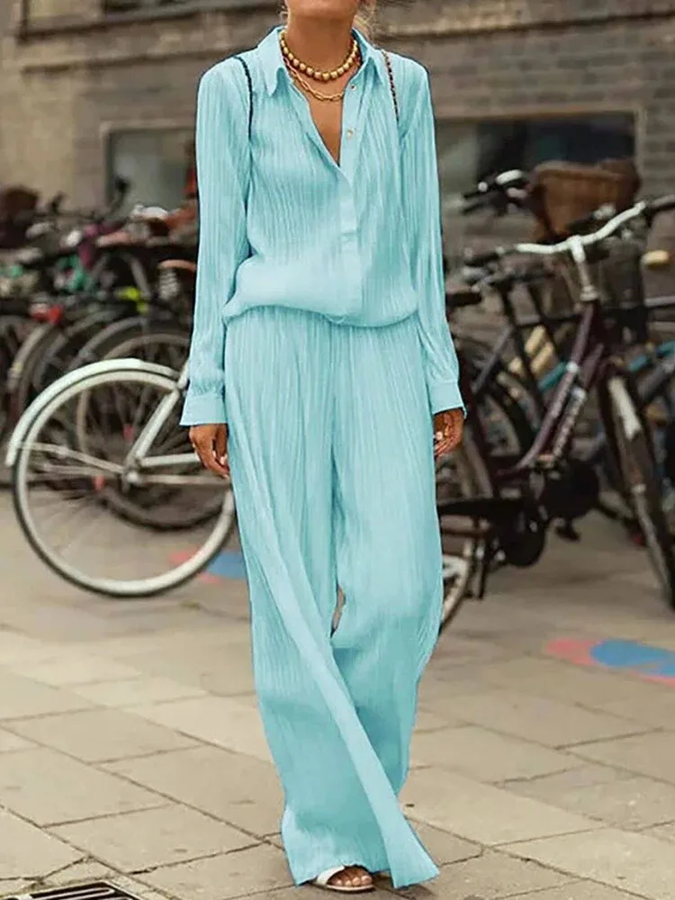 

Women Outfit for Clothing Long Sleeve Wide Leg Pants Spring Autumn Ladies Matching Sets 2022 High Waist Solid Suits Streetwear