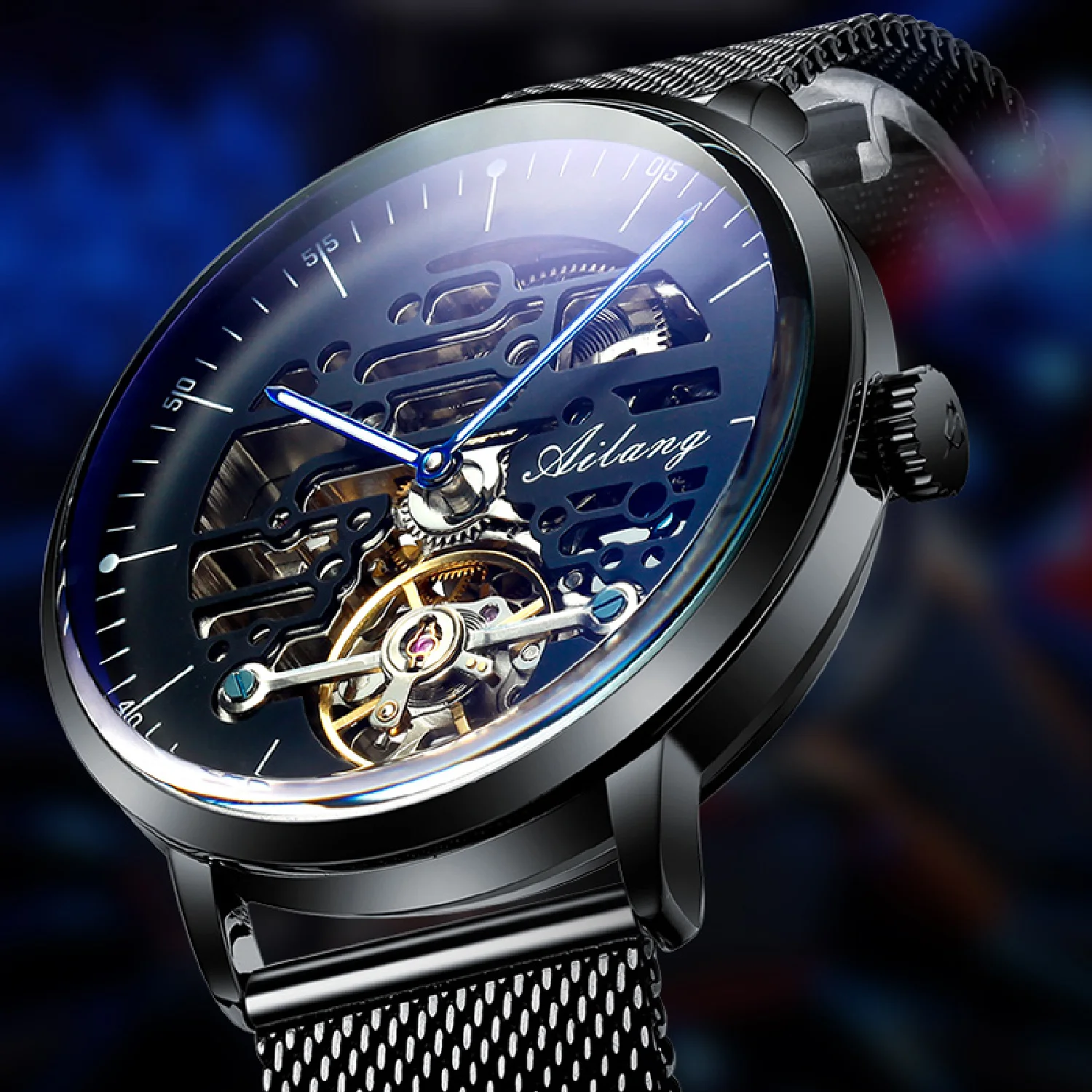 

AILANG Fashion Men's Luxury Mesh Belt Luminous Automatic Mechanical Watches Tourbillon Waterproof Watch Relogio Masculino 8633