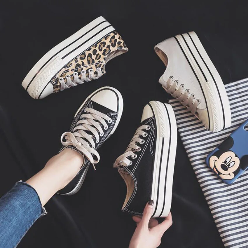 

comemore High Heels Platform Shoes Woman Black Spring Summer Women Sneakers Lace Up Breathable Ladies Canvas Shoes Thick Bottom