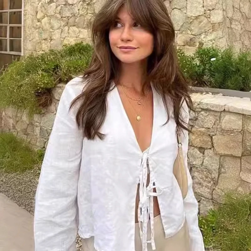 Женская свободная рубашка с бантом H. АИК элегантная V-образным вырезом и длинными