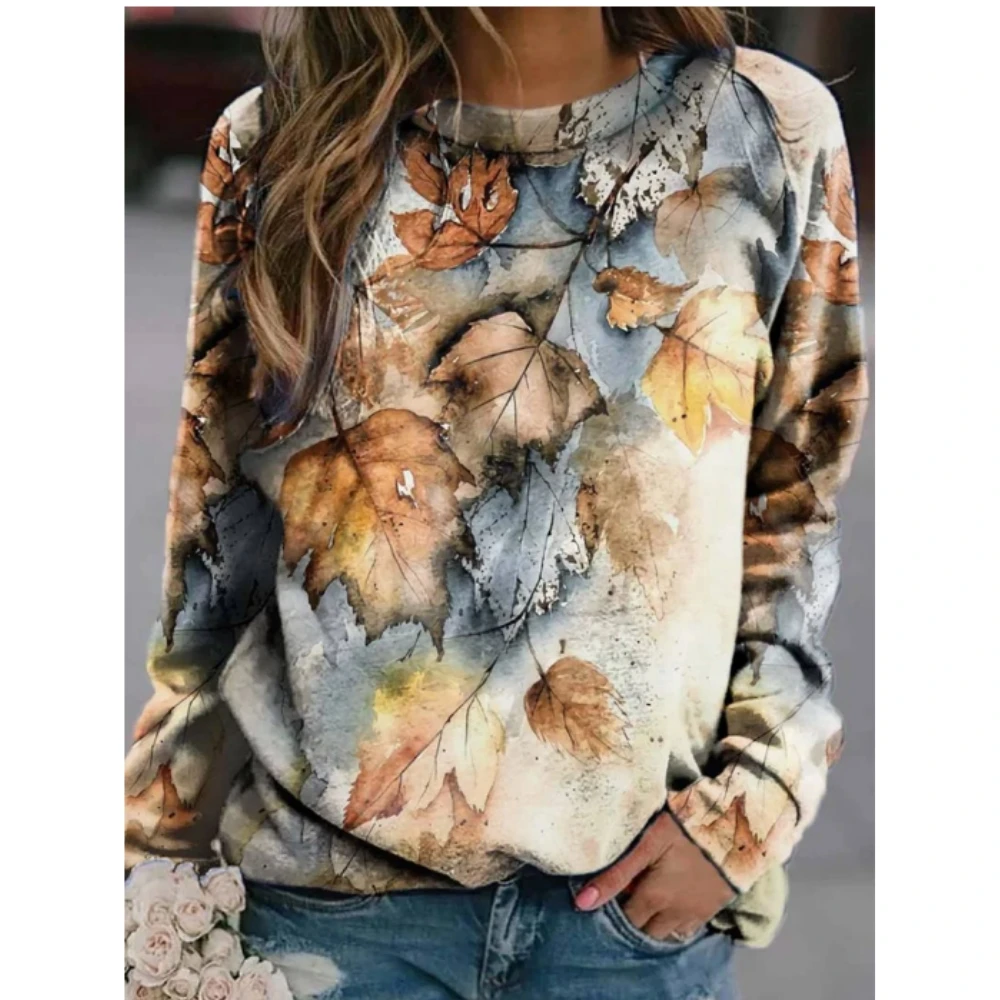 

Женские топы с цветочным принтом, Осенний Повседневный пуловер в стиле Харадзюку с длинным рукавом и круглым вырезом, 2023