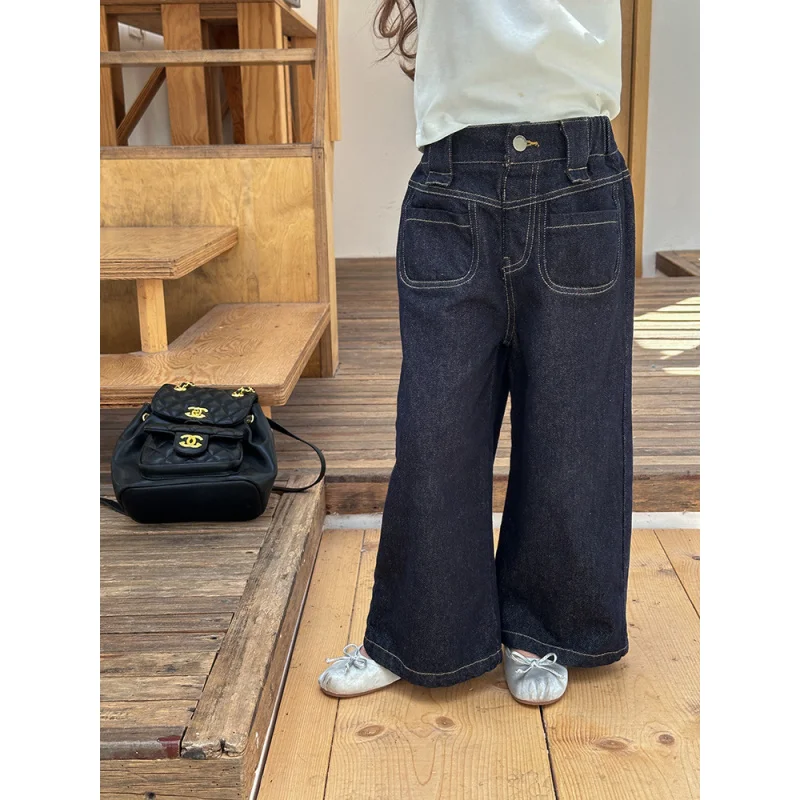 Детские осенние прямые широкие брюки Aimo Beibei в западном стиле с карманами для