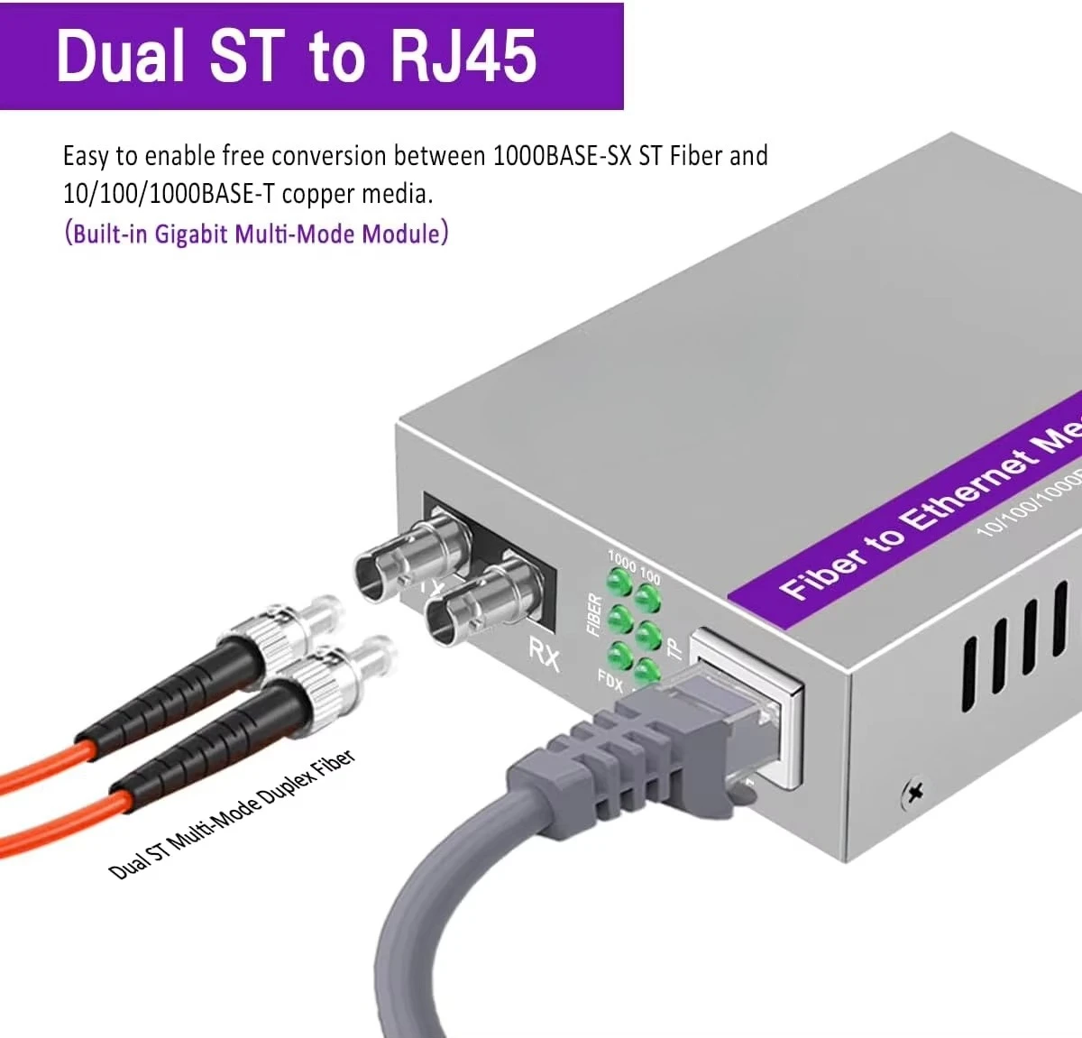 Фото XZSNET Gigabit ST RJ45 Многомодовый оптоволоконный медиаконвертер Ethernet (850 нм, 550 м), Plug & Play, 10/100/1000 Base-T, с автоматической настройкой №2
