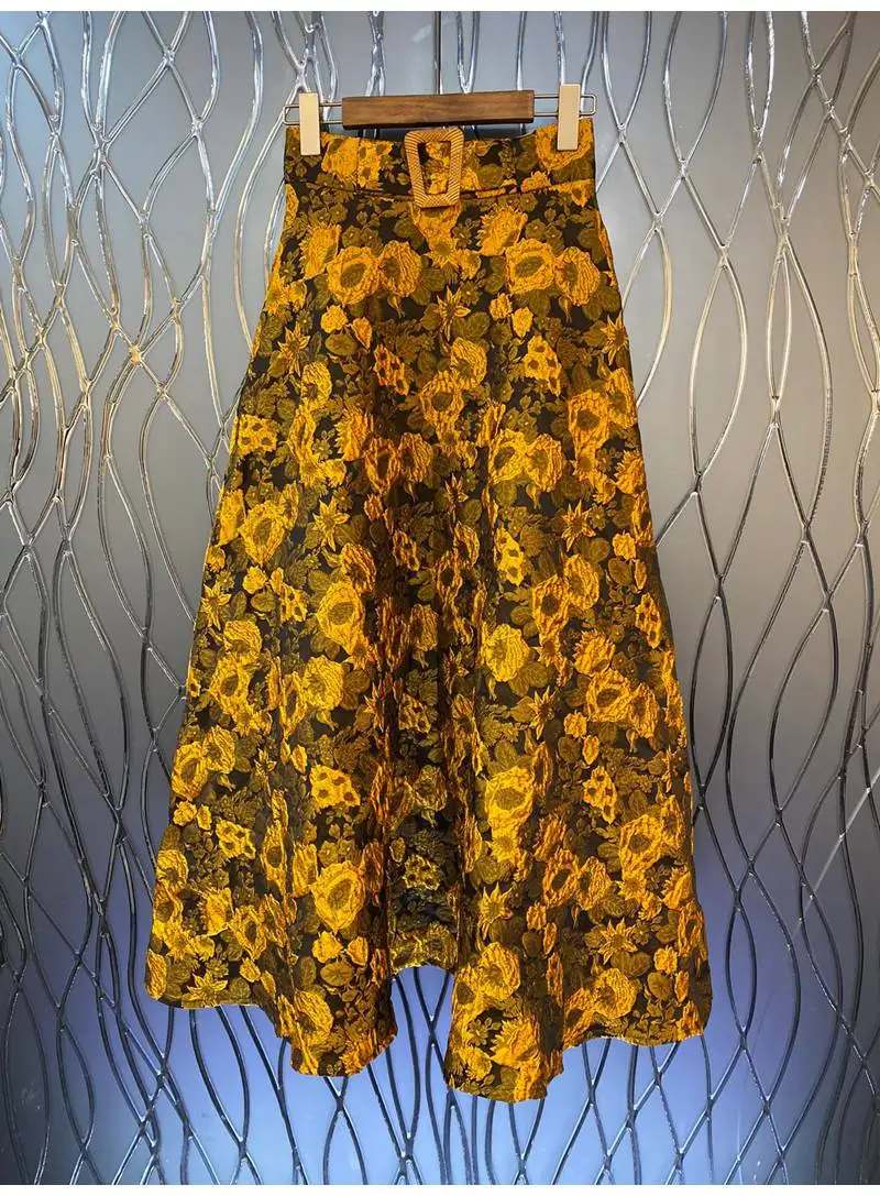 

Женская винтажная Жаккардовая юбка, Повседневная Длинная юбка макси с квадратным поясом, Осень-зима 2022