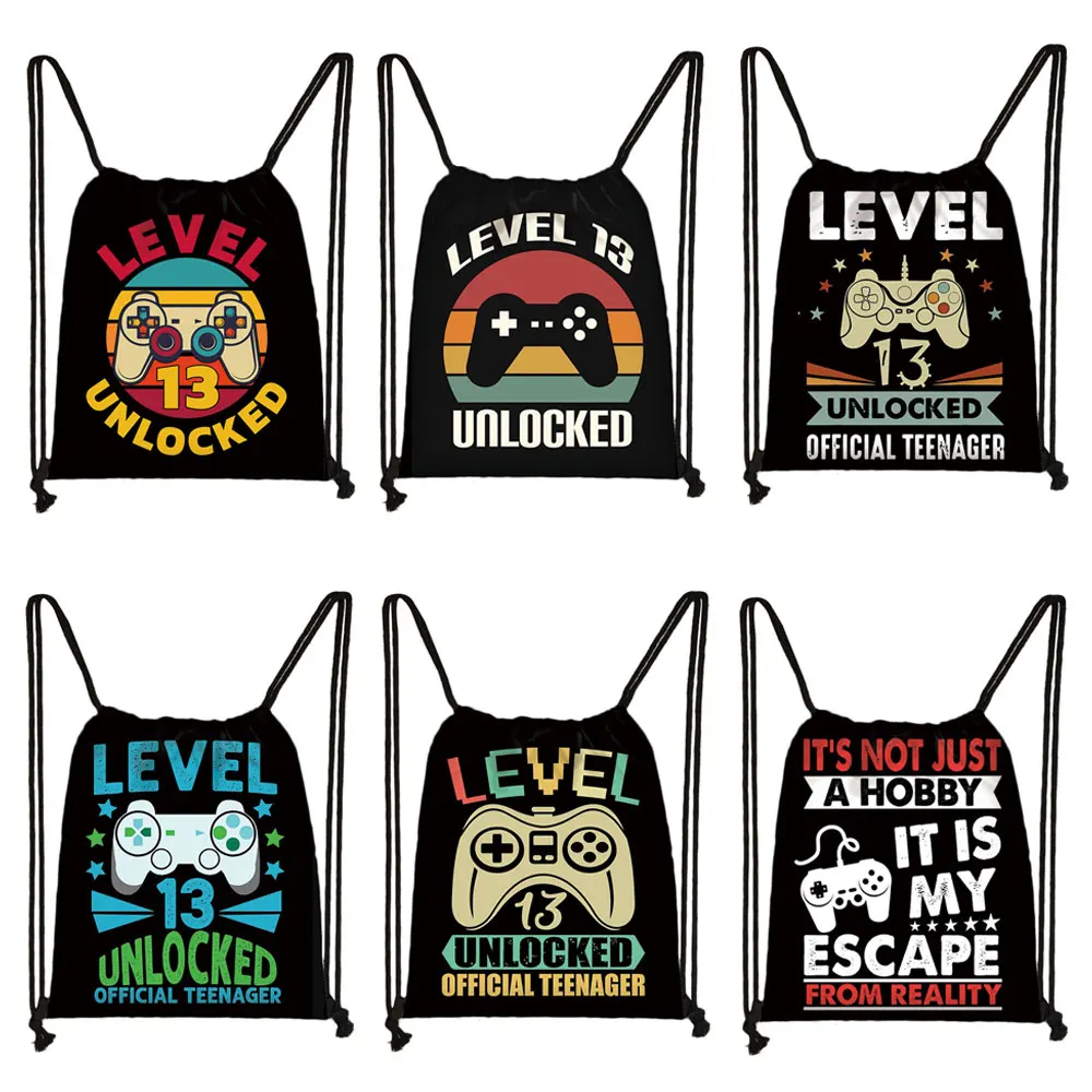 

Level 13 years old Teenager Backpack Game Fan Boy Girls Drawstring Bags Canvas Shoulder Bag for Travel Kid Bookbag Birthday Gift