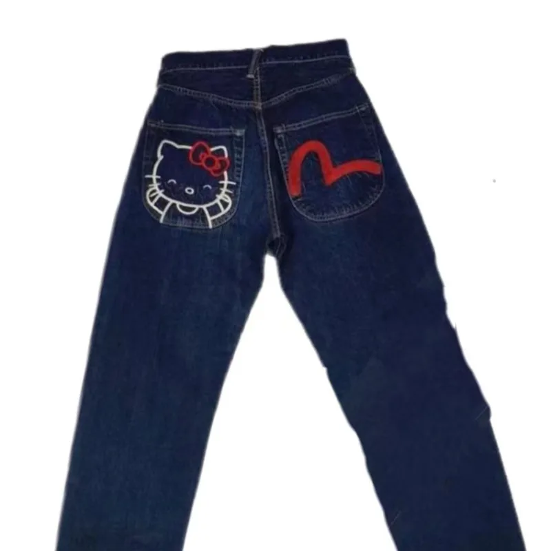 Новинка 2024 джинсовые брюки Hello Kitty Y2k милые винтажные с широкими штанинами в стиле
