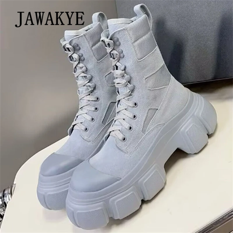 

Женские замшевые ботильоны на шнуровке, Осенние брендовые короткие ботинки на плоской платформе с круглым носком, модные ботинки мартинсы, 2023