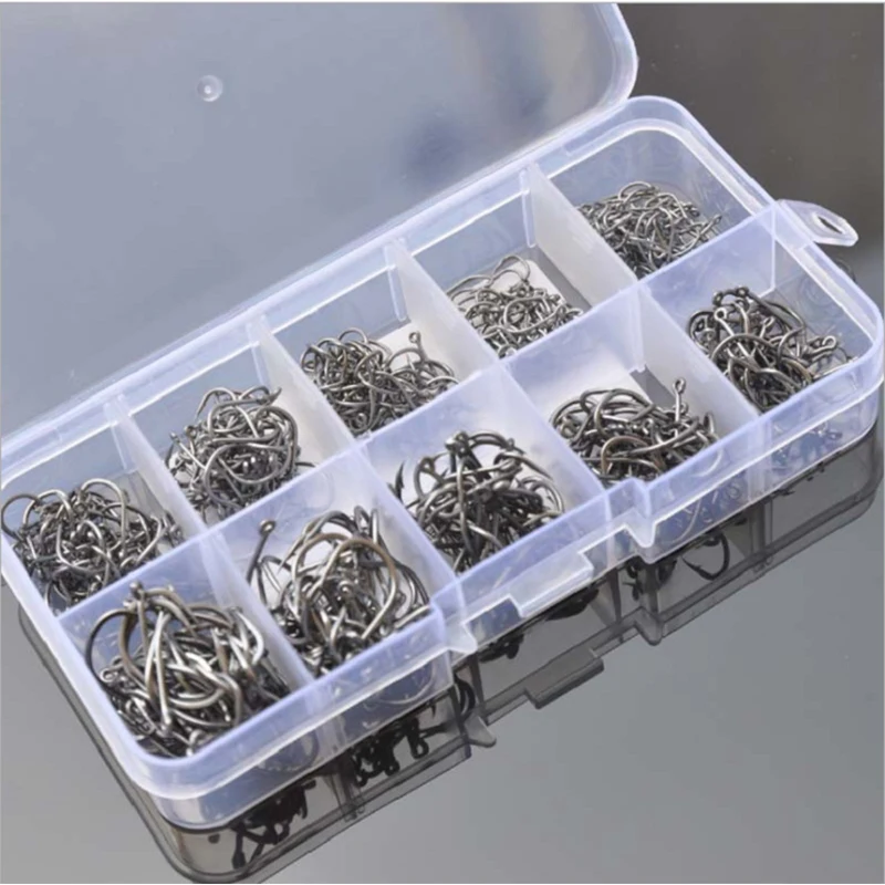 

100 Pieces of Perforated Fish Hook Set Carbon Steel Single Ring with Barb No. 3-12 Boxed Not Easy To Break Fishing Tools