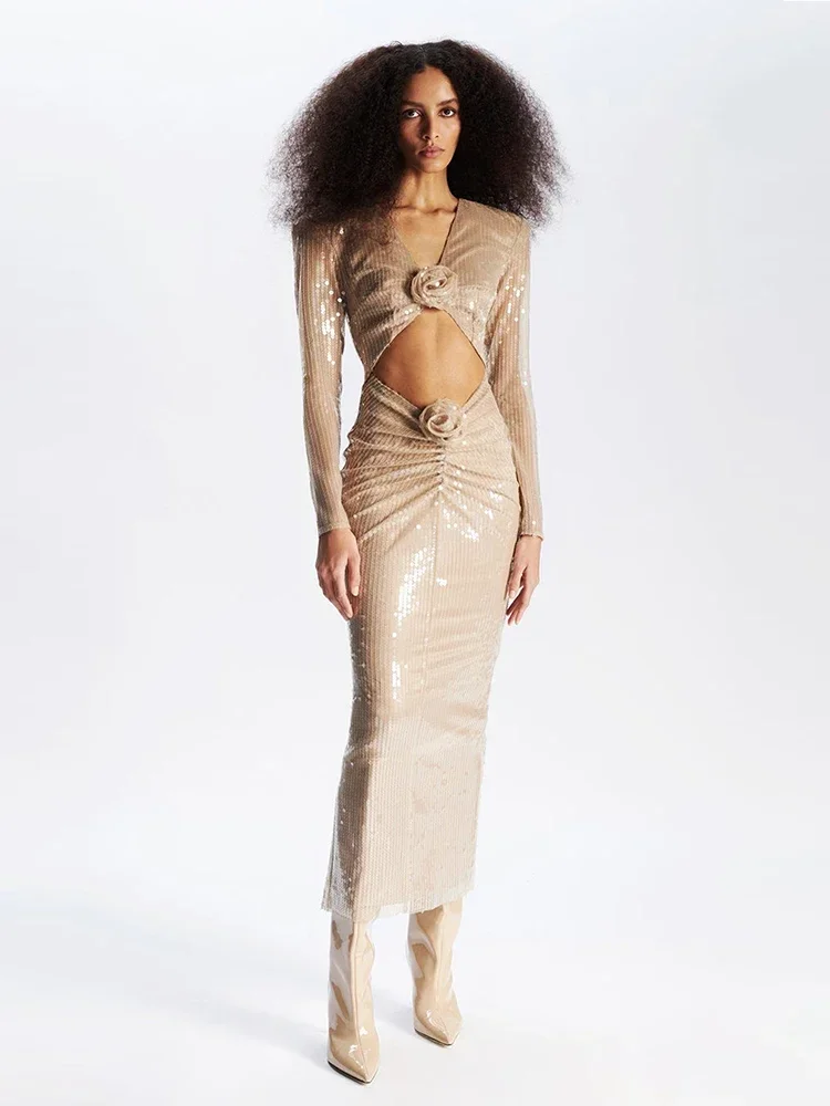 Женское платье с V-образным вырезом длинное цвета хаки длинными рукавами и