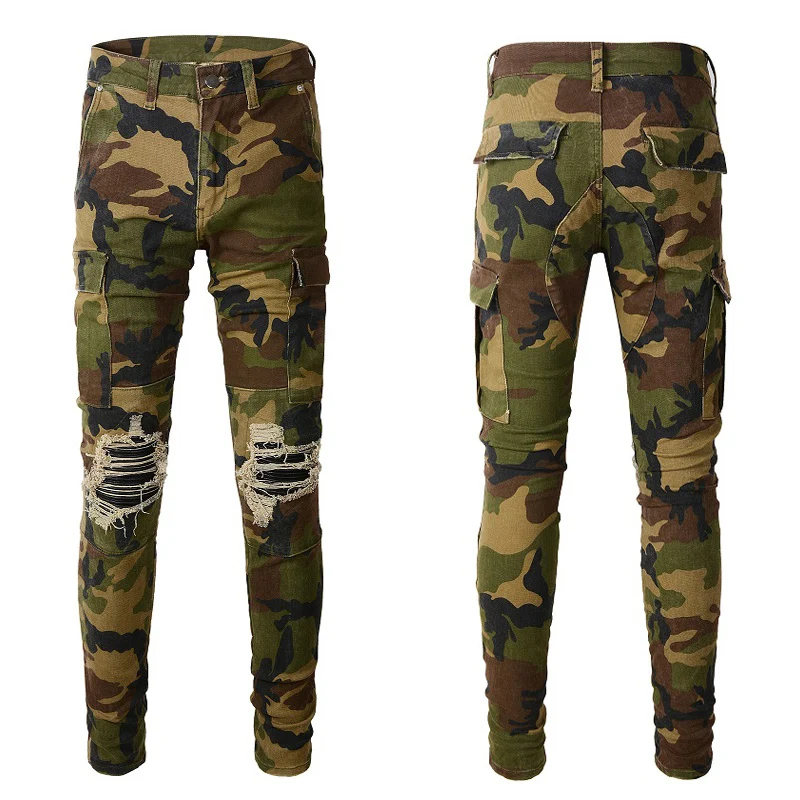 Fashion Designer Men Jeans Camouflage Elastic Slim Fit Hole Ripped Jeans Men Big Pocket Cargo Pants Hip Hop Brand Pants Hombre