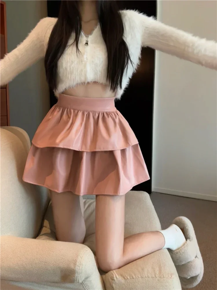 gaga seksowne spódnice damskie PU skóra wysokiej talii solidna jesienno-zimowa Moto Biker Ruffles bufiasta warstwowa podkoszulek damska mini