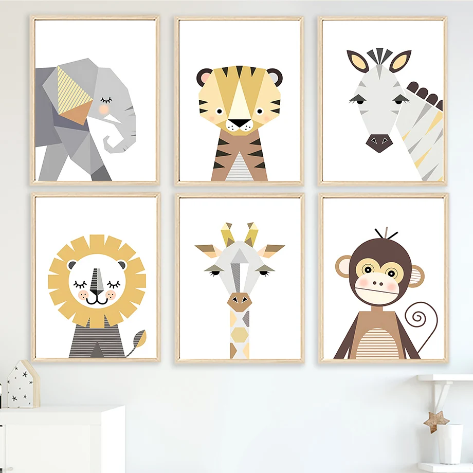 

Cartoon Lion Elephant Giraffe Monkey Zebra Kids Room Posters Prints Baby Wall Art Pictures Decor Nordic Nursery Canvas Painting