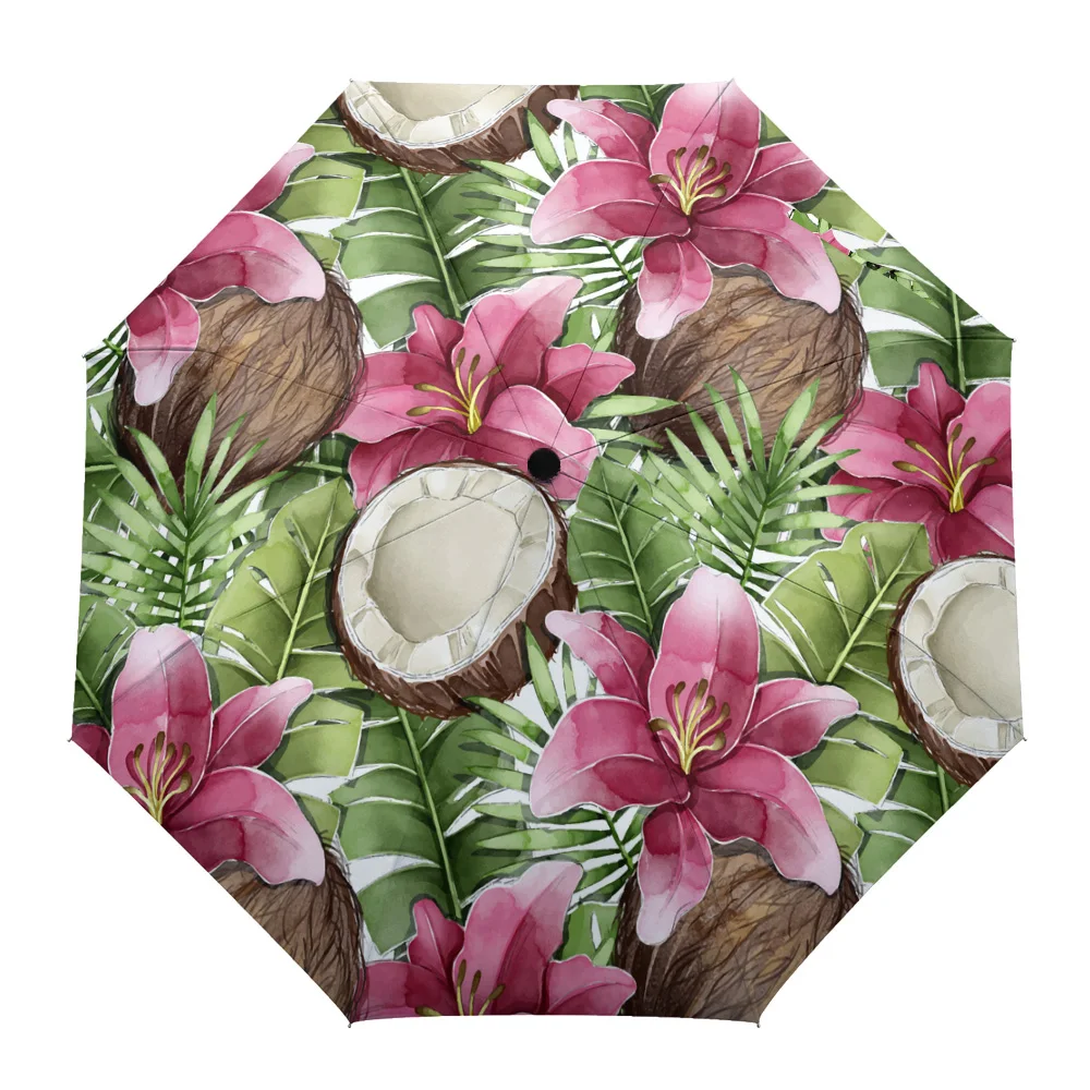 

Tropical Coconut Palm Leaf Print Women Men Rain Umbrella Three Folding Girl Durable Portable Automatic Umbrellas Gift Parasol