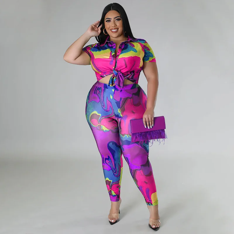Plus Size Matching Sets Tie Dye Print Tops Shirts And Pants Female Luxury Fashion Blouse Cloth 2023 Summer Women Two Piece Sets
